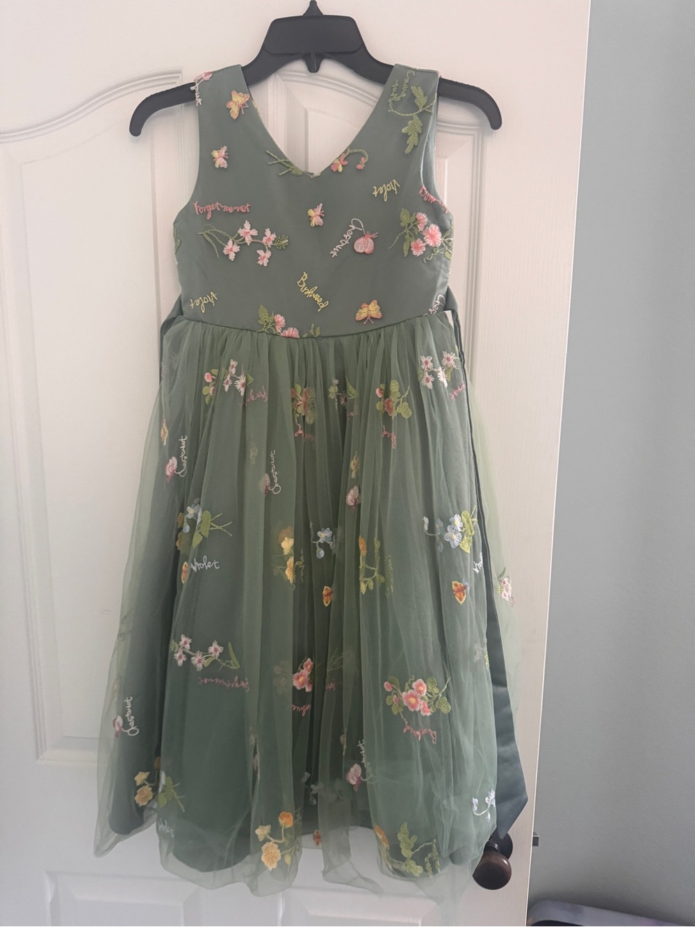 Girls Olive Green Floral Embroidered Tulle Dress